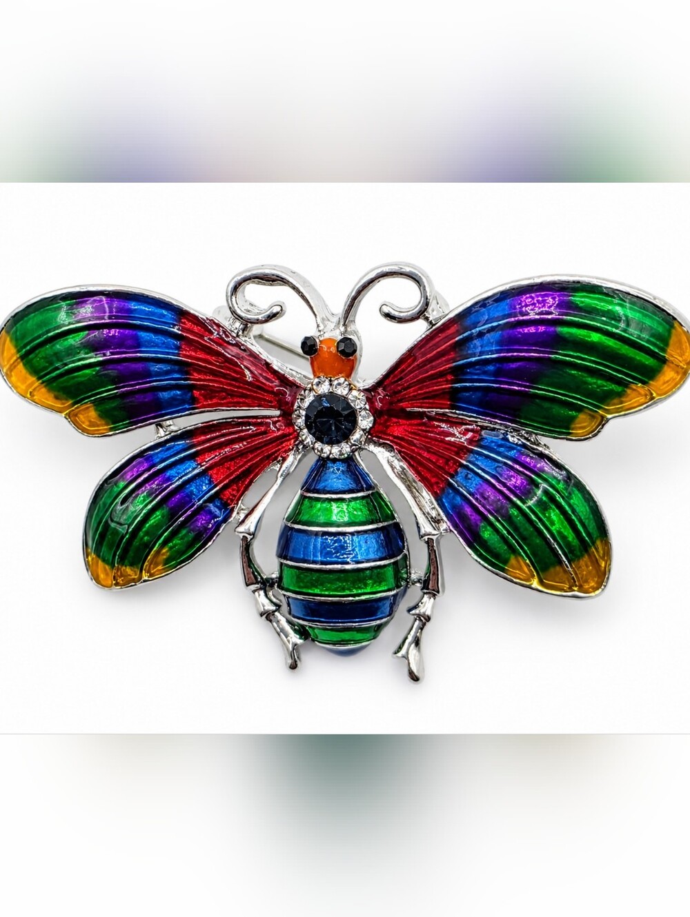 Vintage Colorful Enamel Butterfly Bee Brooch Pin Rhinestone Accent